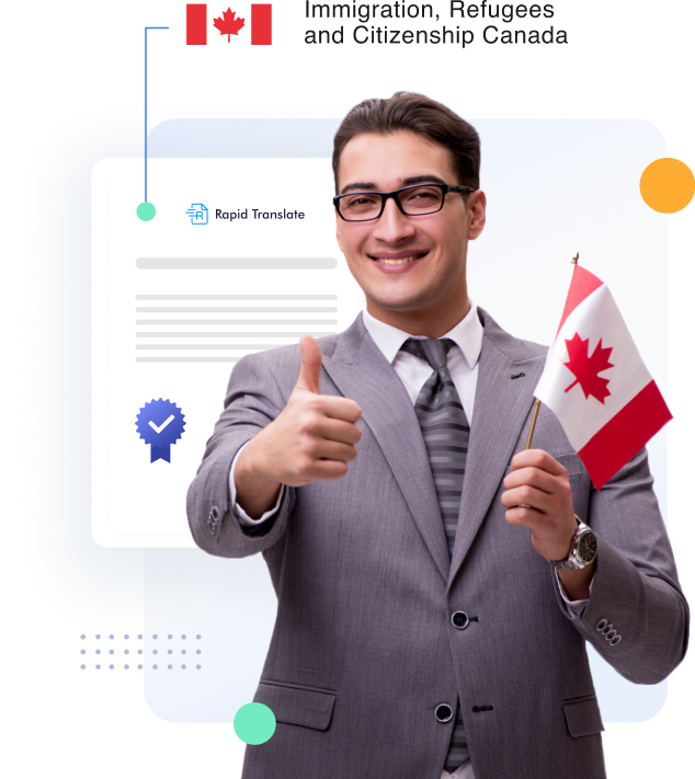 رسم توضيحي من Rapid Translate لشخص يحمل وثيقة ترجمة شهادة IRCC الخاصة به.
