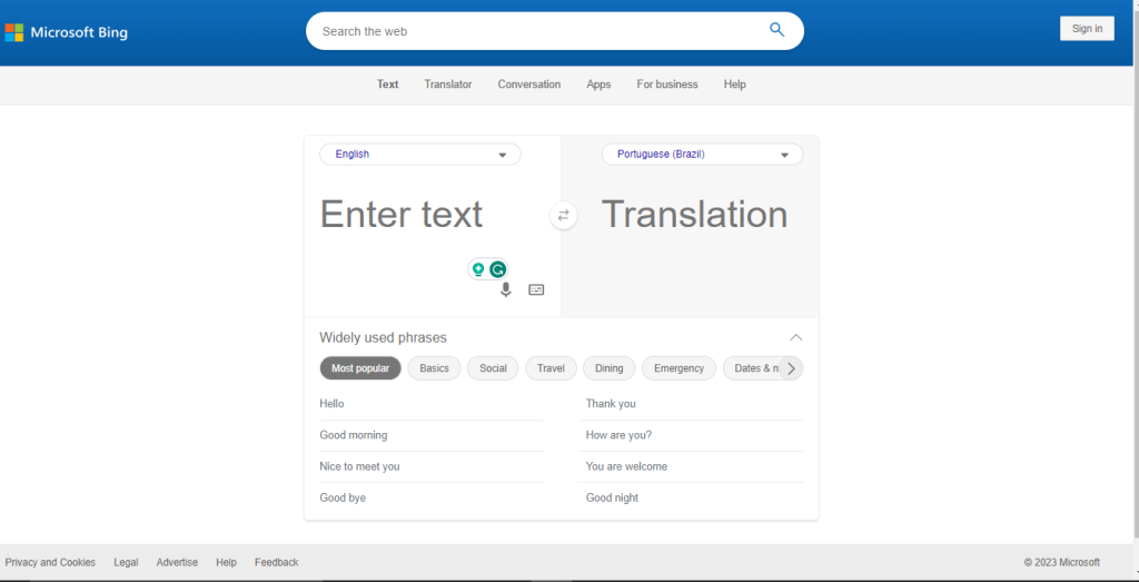 لقطة شاشة Rapid Translate لصفحة مترجم Microsoft Bing على مستعرض سطح المكتب.
