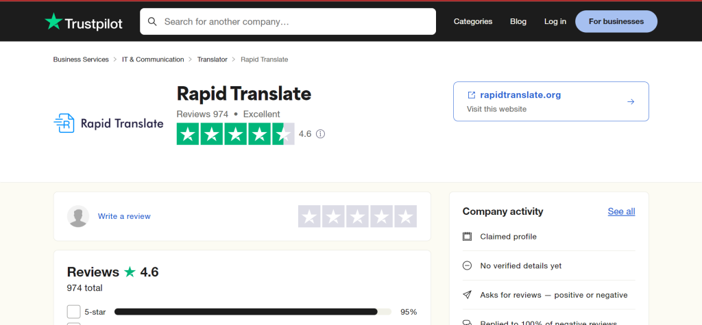 لقطة شاشة لصفحة مراجعة Rapid Translate على موقع Trustpilot. 
