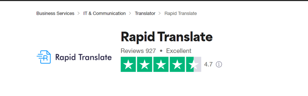 لقطة شاشة للملف الشخصي لـ Rapid Translate على موقع Trustpilot. 
