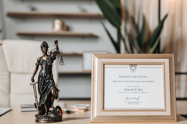 Uma estatueta da Lady Justice ao lado de um diploma emoldurado.
