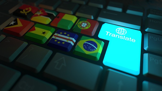 Vista em close de várias bandeiras de países e um botão "Traduzir" em um teclado.
