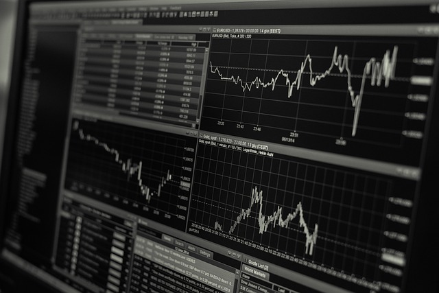 Uma tela de computador exibe vários gráficos de ações.
