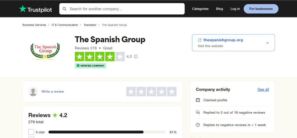 Captura de tela do Rapid Translate do The Spanish Group na Trustpilot. 
