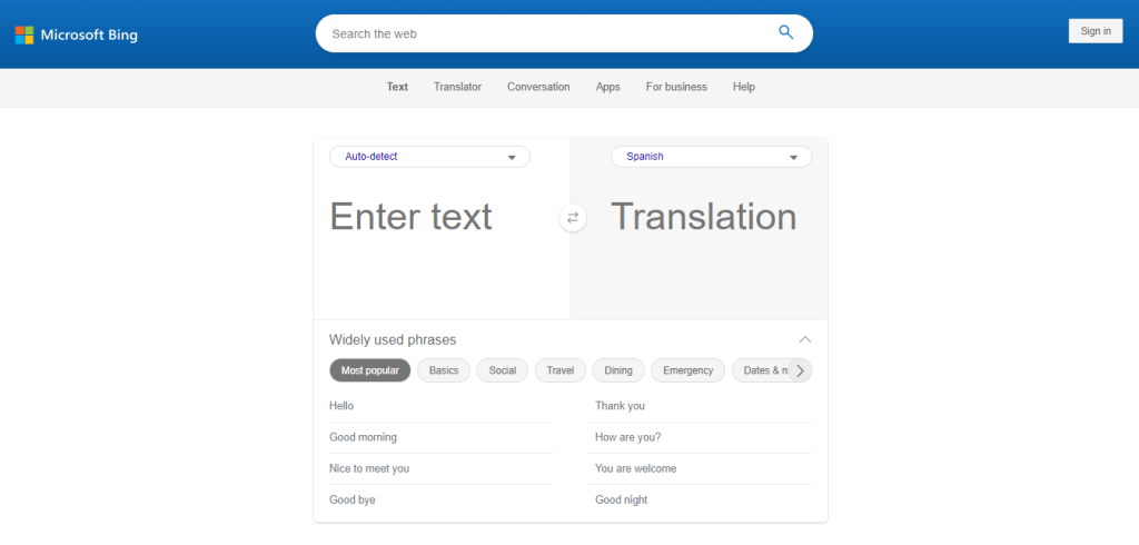 Captura de tela do Rapid Translate do site do Bing Translator em um navegador de desktop.
