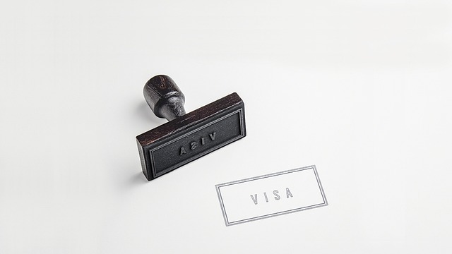 Um carimbo de borracha preto aplica "Visa" em uma superfície branca.