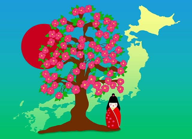 Uma ilustração de uma cerejeira em flor ao lado de uma boneca vestindo um quimono com o mapa do Japão ao fundo.
