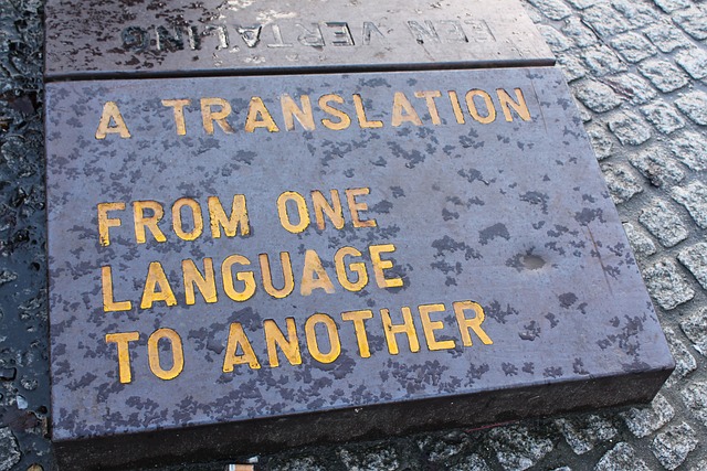 Uma placa de pedra com a inscrição "A TRANSLATION FROM ONE LANGUAGE TO ANOTHER" (Uma tradução de um idioma para outro).
