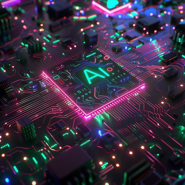 Uma ilustração de um chip de processamento de IA iluminado e colorido.
