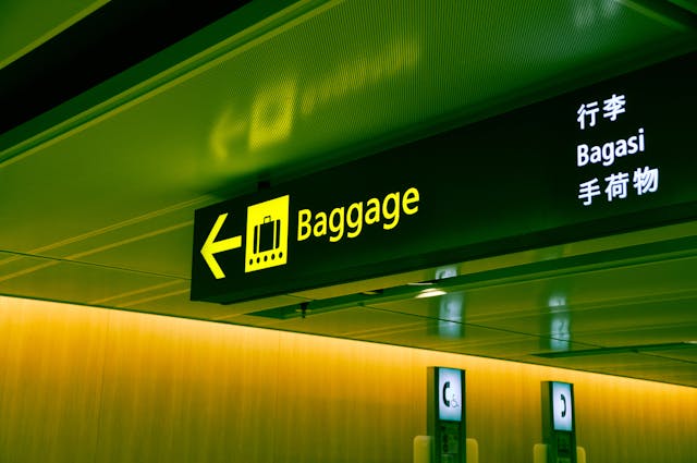 Uma placa diz "Baggage" (Bagagem) em vários idiomas.
