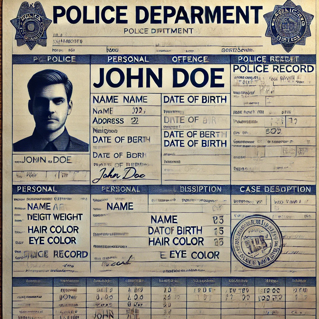 Exemplo de um registro policial de um homem chamado John Doe, com sua foto, informações pessoais e oficiais.