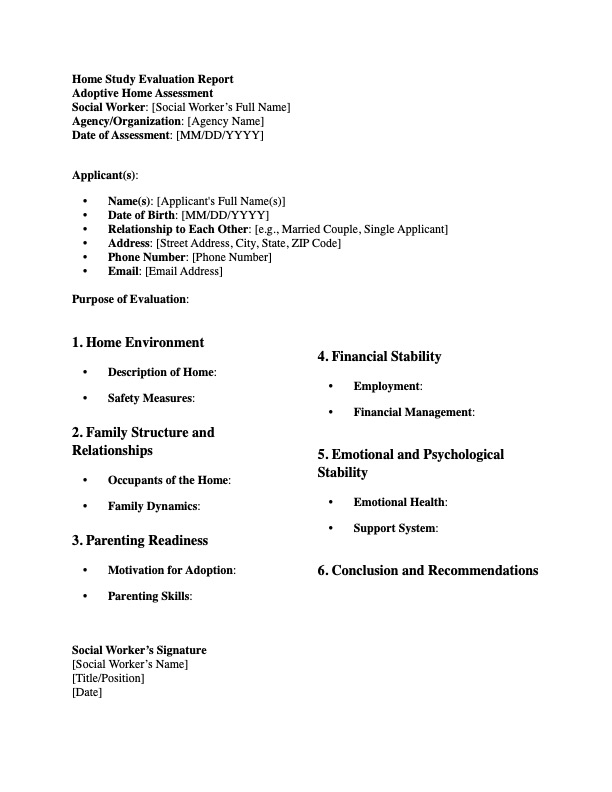 Exemplo de documento de avaliação do estudo domiciliar de um assistente social sobre possíveis pais adotivos.
