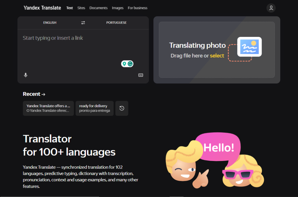 Rapid Translate's Screenshot der Yandex Translate Website auf einem Desktop-Browser.
