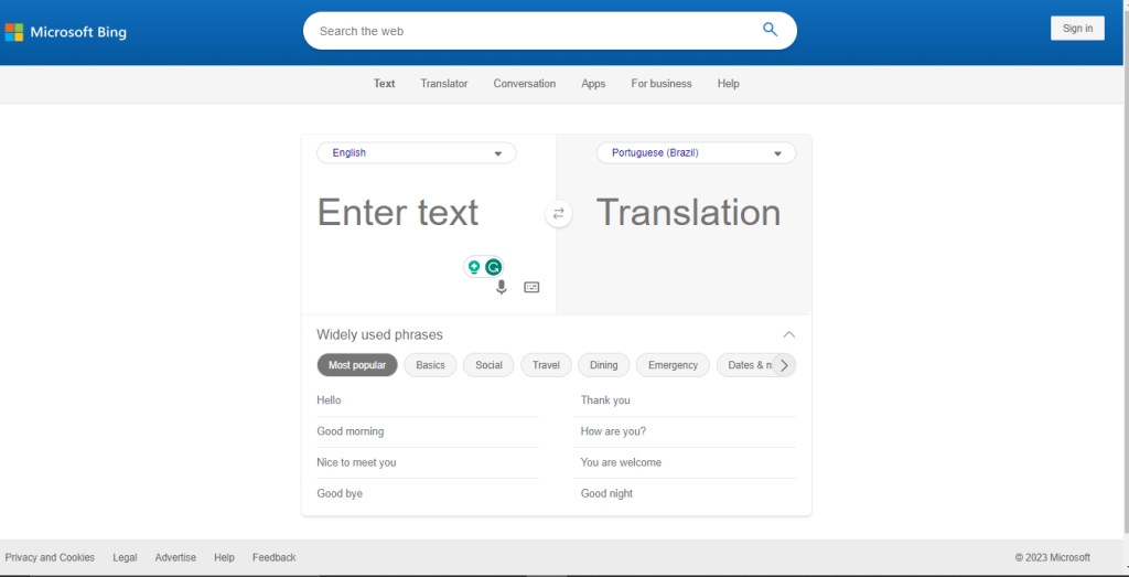 Rapid Translate's Screenshot der Bing Microsoft Translator Seite auf einem Desktop-Browser.

