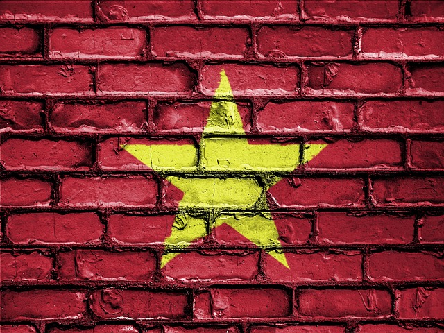 Das vietnamesische Emblem und die rote Farbe an einer Wand.
