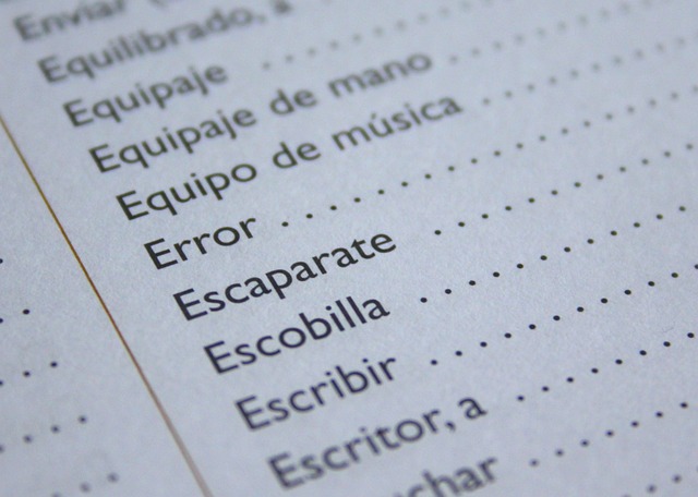 Eine Buchseite mit einer Liste von spanischen Wörtern.