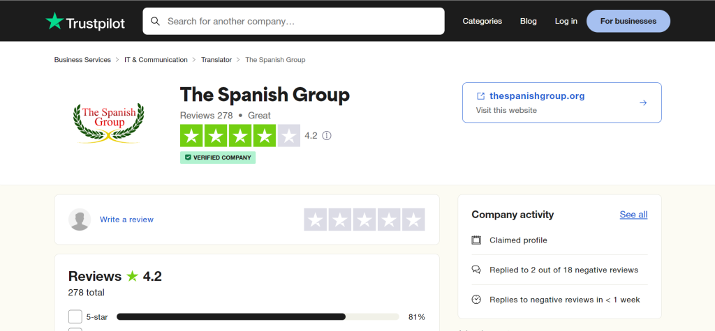 Rapid Translate's Screenshot von The Spanish Group auf Trustpilot. 
