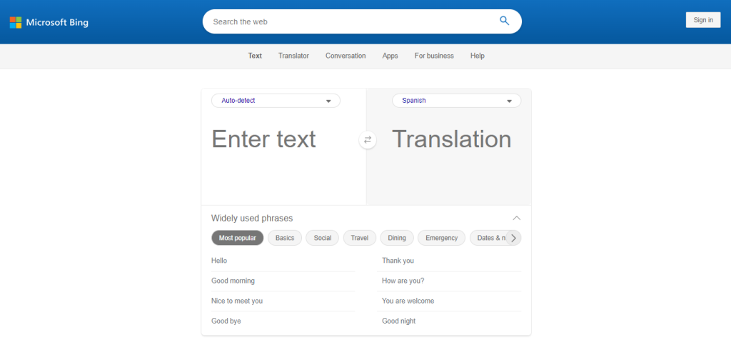 Rapid Translate's Screenshot der Bing Translator Website auf einem Desktop-Browser.
