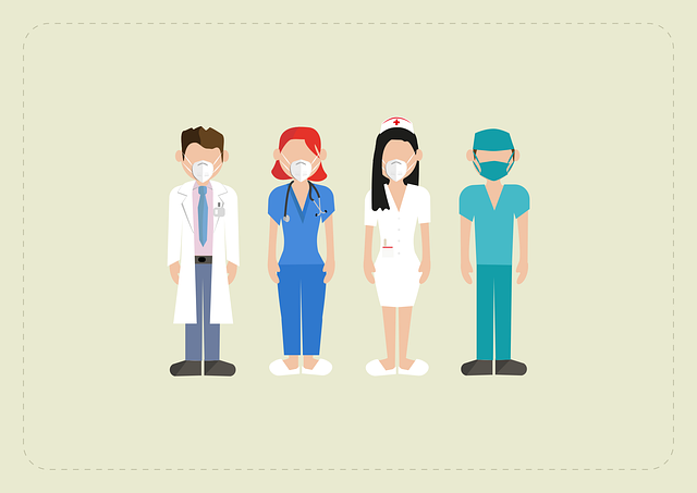 Eine Illustration von vier Gesundheitsdienstleistern in Laborkitteln und Krankenhauskitteln.