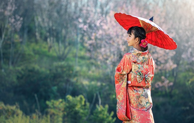 Eine Person, die einen orangefarbenen Kimono trägt, hält einen orangefarbenen Regenschirm auf einem Feld.
