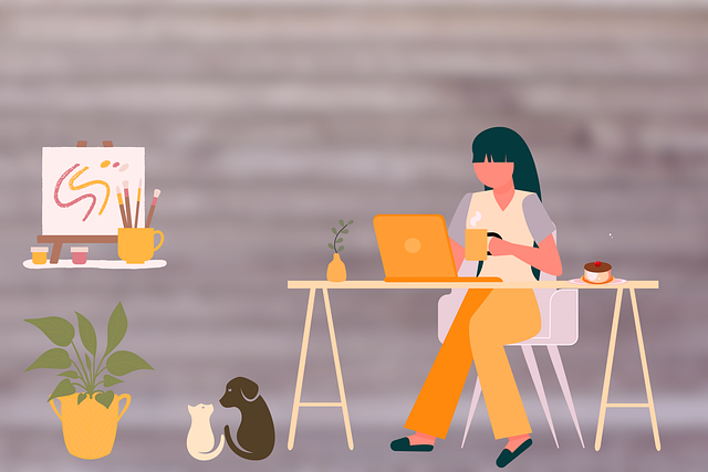 Eine Illustration einer Person mit einer Tasse, die zu Hause an einem Laptop arbeitet, mit einem Hund und einer Katze neben ihrem Tisch.
