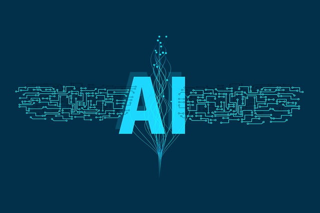 Eine Illustration von "AI" in Verbindung mit beleuchteten Linien auf blauem Hintergrund.
