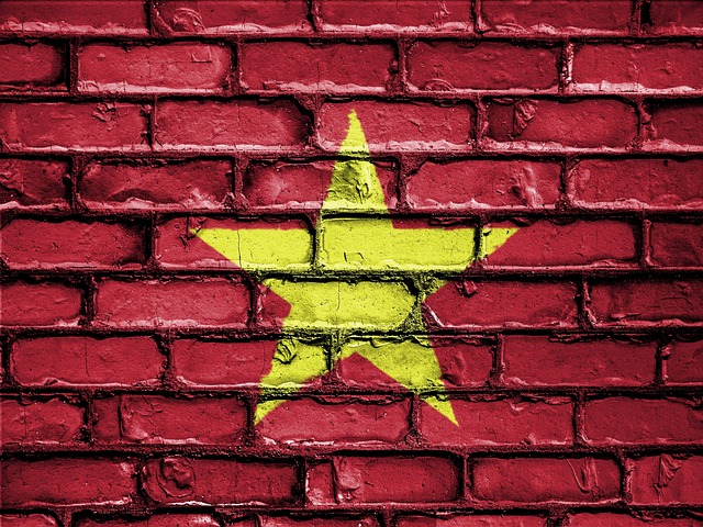 El emblema vietnamita y el color rojo pintados en una pared.
