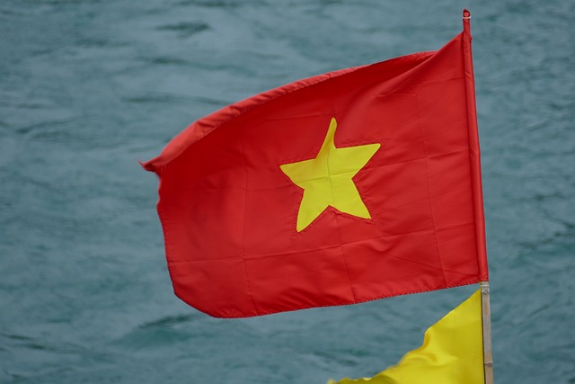 Una bandera de Vietnam ondea al viento con el mar azul de fondo.