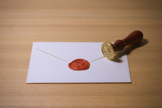 Une photo d'une enveloppe blanche avec un timbre marron à côté.