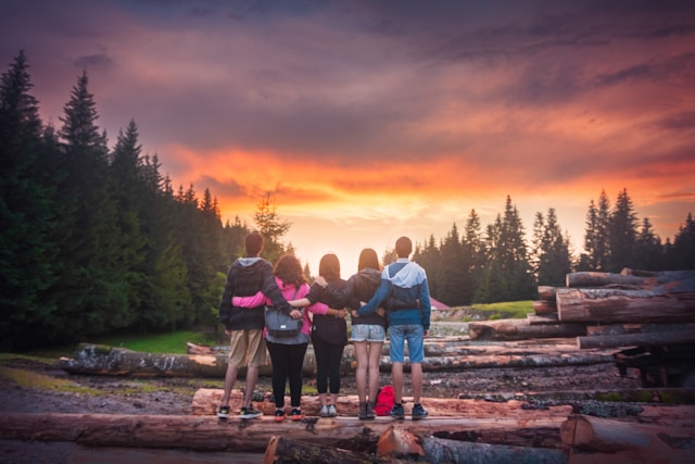 Cinq personnes se tiennent debout sur des rondins de bois et regardent le coucher du soleil.
