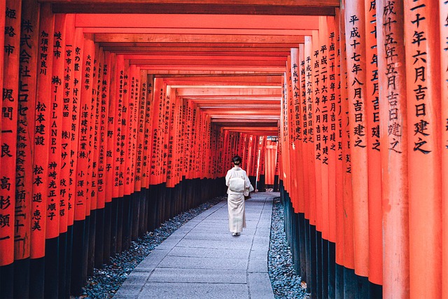 Vue de dos d'une personne en kimono blanc marchant entre des piliers rouges contenant des caractères japonais.
