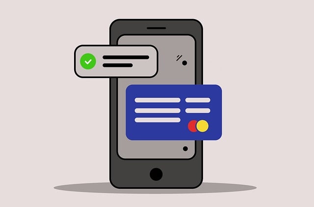 Illustration d'un smartphone, d'une carte de crédit et du format d'une transaction réussie sur fond blanc.
