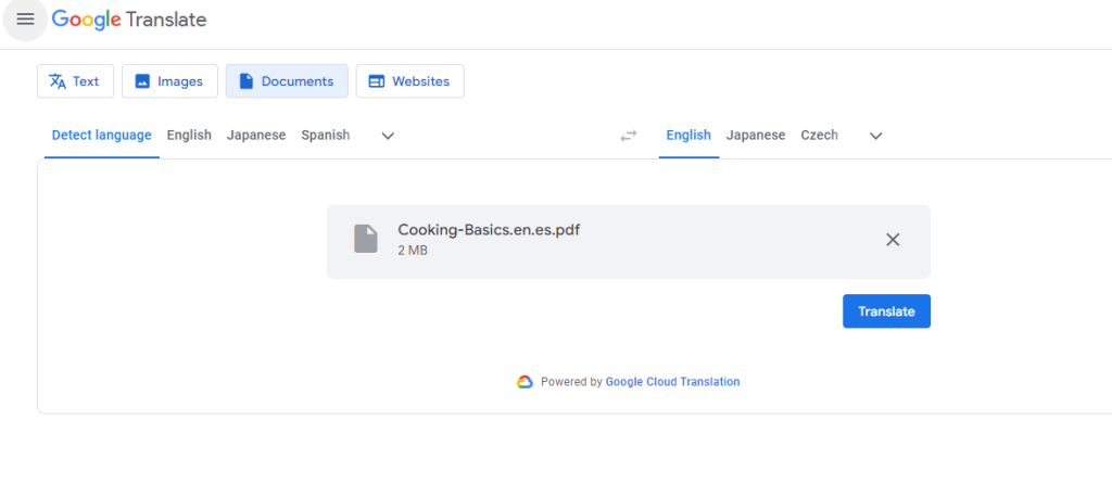 Capture d'écran de Rapid Translate de la page de traduction de documents de Google Translate sur un ordinateur de bureau.