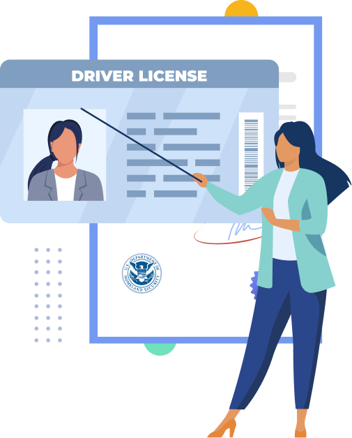 Rapid Translate graphic of a woman with a pointer presenting a translated driver's license in front of an official document.