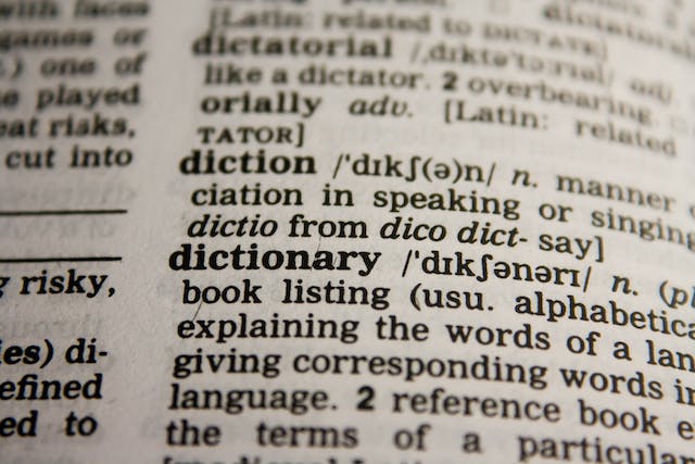 Un'immagine di una pagina di dizionario che mostra la definizione del dizionario.
