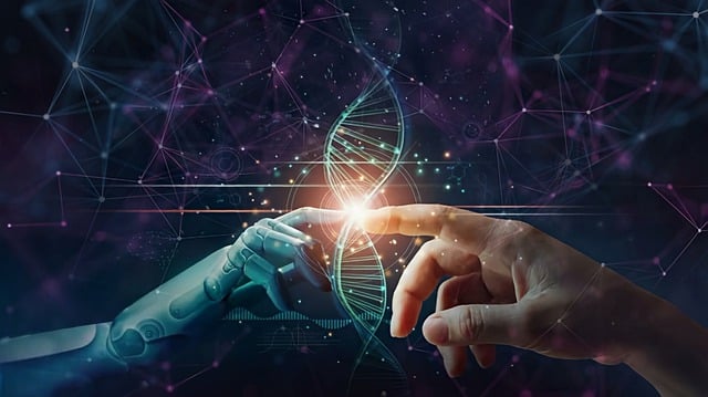 Una persona e un robot collegano le dita su una stringa di DNA.