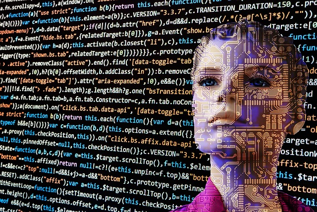 Un robot AI sullo sfondo di una serie di codici di programmazione.