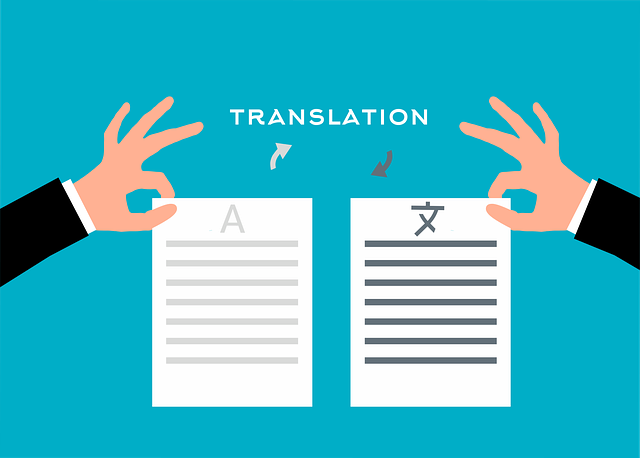 Illustrazione di due mani che tengono documenti tradotti da una lingua all'altra.
