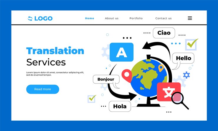Illustrazione della pagina di destinazione di un servizio di traduzione su un desktop.