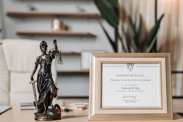 Una statuetta di Lady Justice accanto a un diploma incorniciato.
