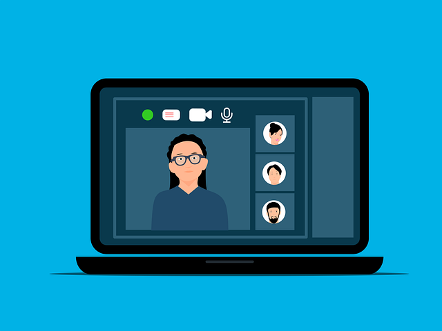 Un'illustrazione di una riunione virtuale in corso su un computer portatile mostra i partecipanti.
