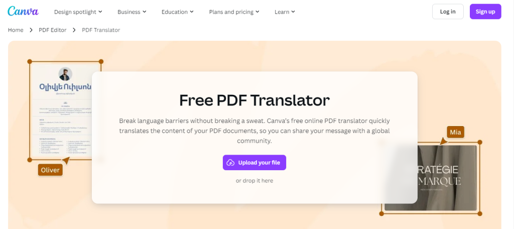 Schermata di Rapid Translate della homepage di Canva Translator su un desktop.
