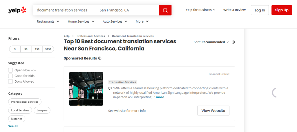 Rapid Translate による Yelp Web サイトのスクリーンショットと、サンフランシスコの "Document Translation Services" の結果。 