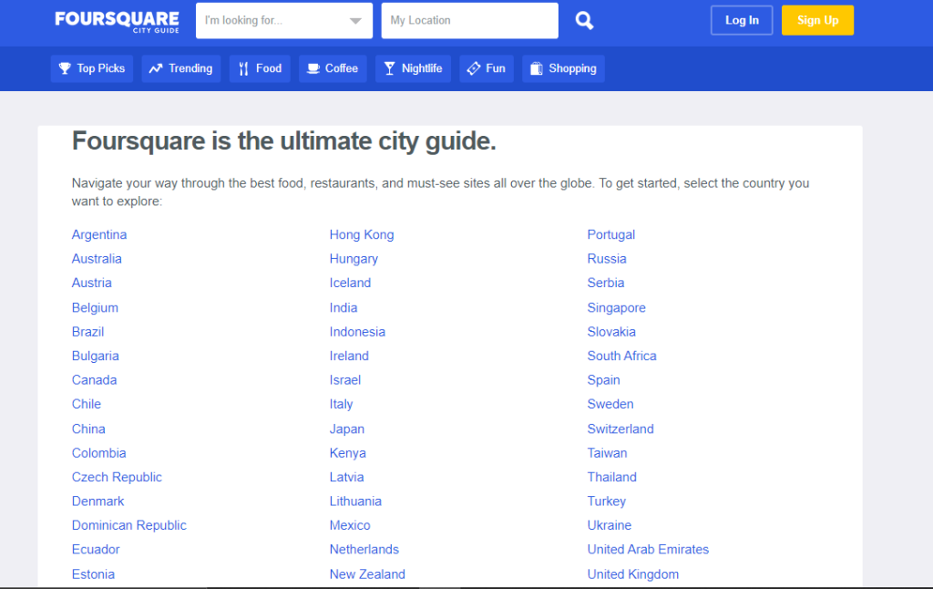 Rapid Translate による Foursquare City Guide の Web サイトのスクリーンショットと、国のリストが表示されています。 