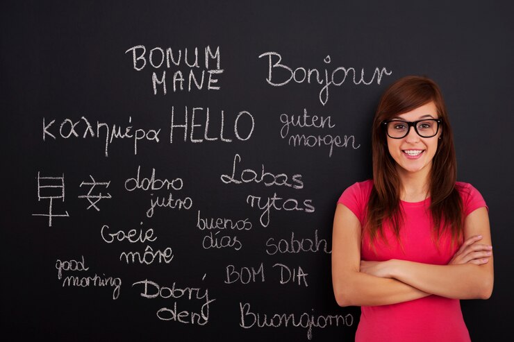 Osoba stoi przed tablicą z napisem "Hello" w wielu językach.