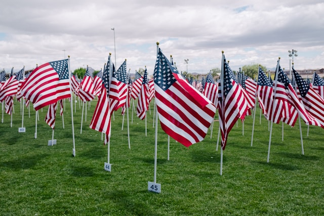 W ciągu dnia na zielonym polu znajduje się kilka flag USA.