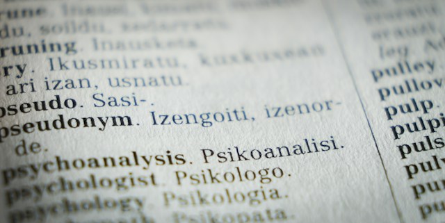 A close-up view of words written in different languages in a dictionary.
