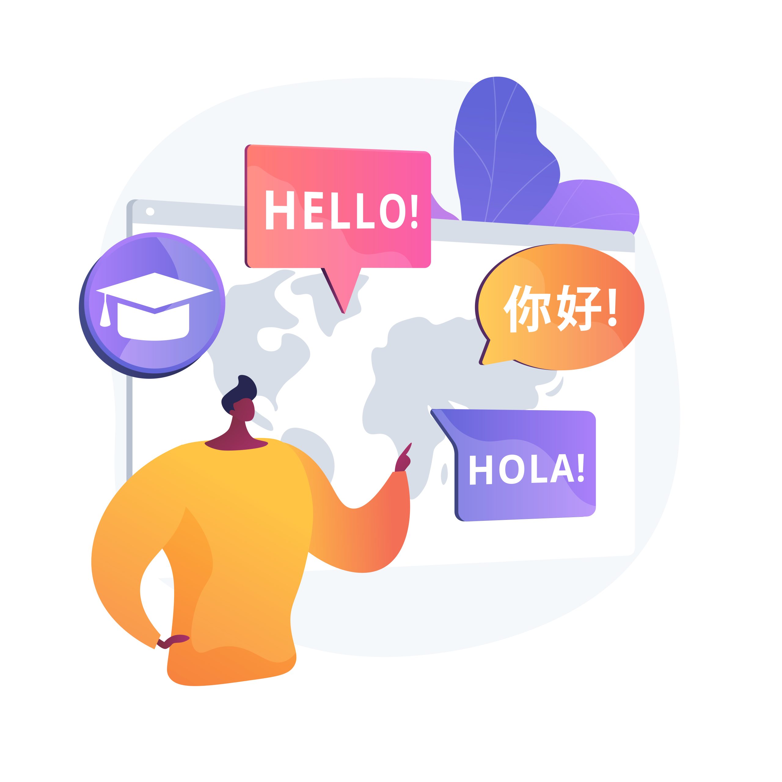 "Hello" appears on a flyer in different languages.