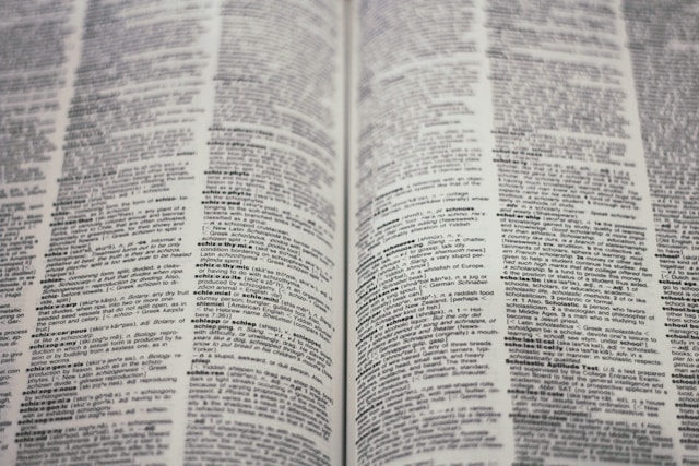 Two opened pages of an English Dictionary.
