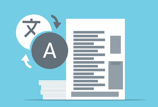 An illustration of language translation beside a document.